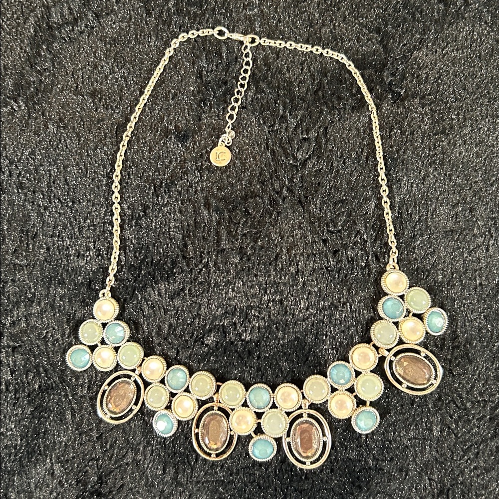 Liz Claiborne Silver-Tone Statement Necklace with Blue, Cream & Brown Accents.